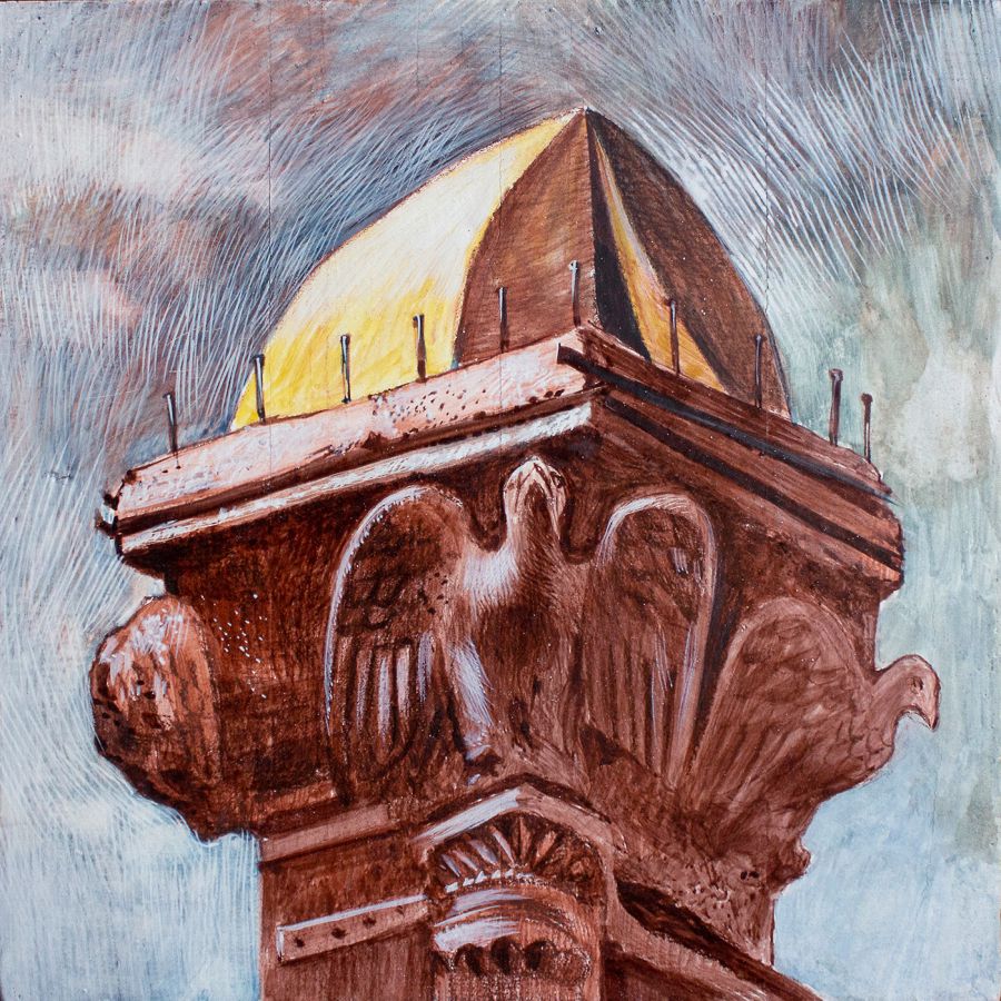 Monk, 2021, Bistre, watercolor and ink on oak panel, 25 x 25 cm