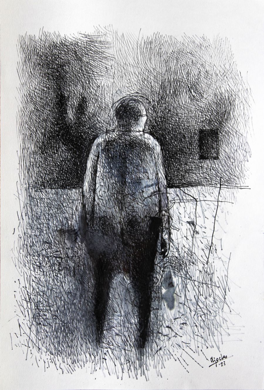 Uncle (“Absentpaedia” series), 2023, Ink on paper, 28 x 19 cm.