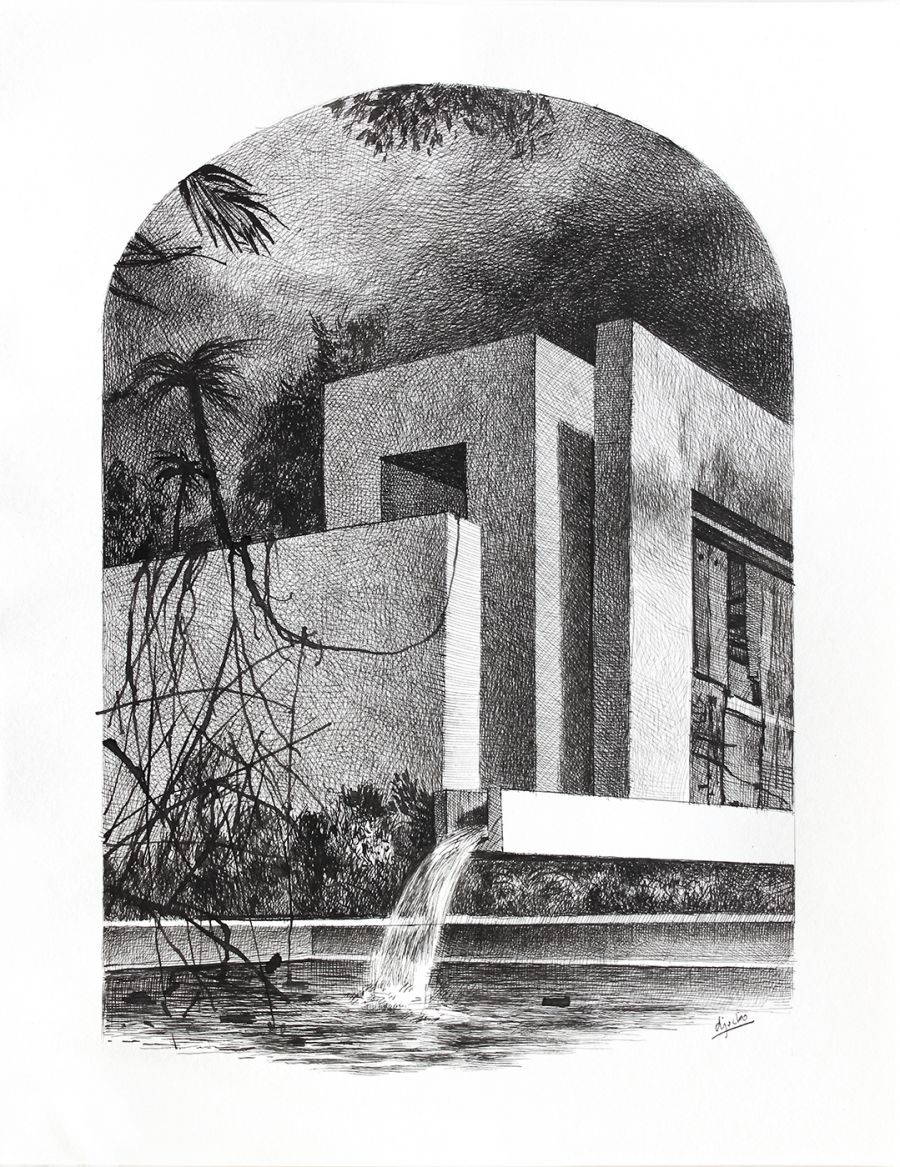 Villa Barragán (“Absentpaedia” series), 2022, Ink on paper, 35 x 27 cm