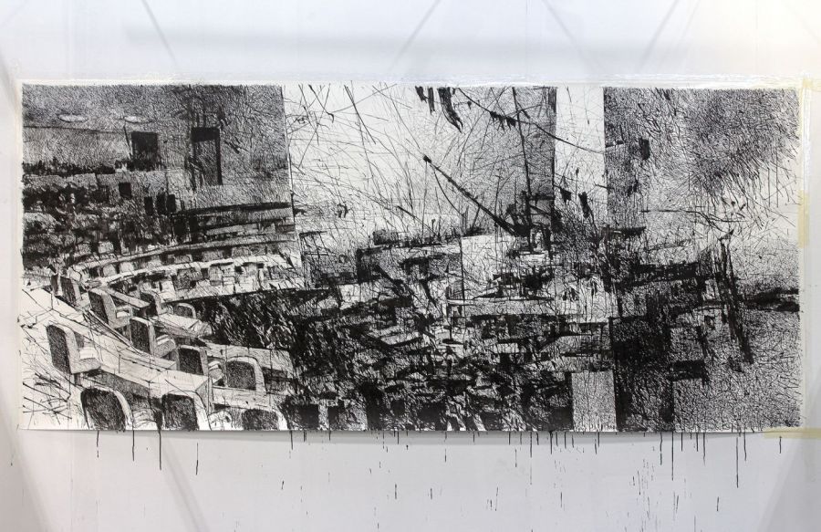 Is There Anybody Out There?, 2023, Ink on paper, 150x370cm